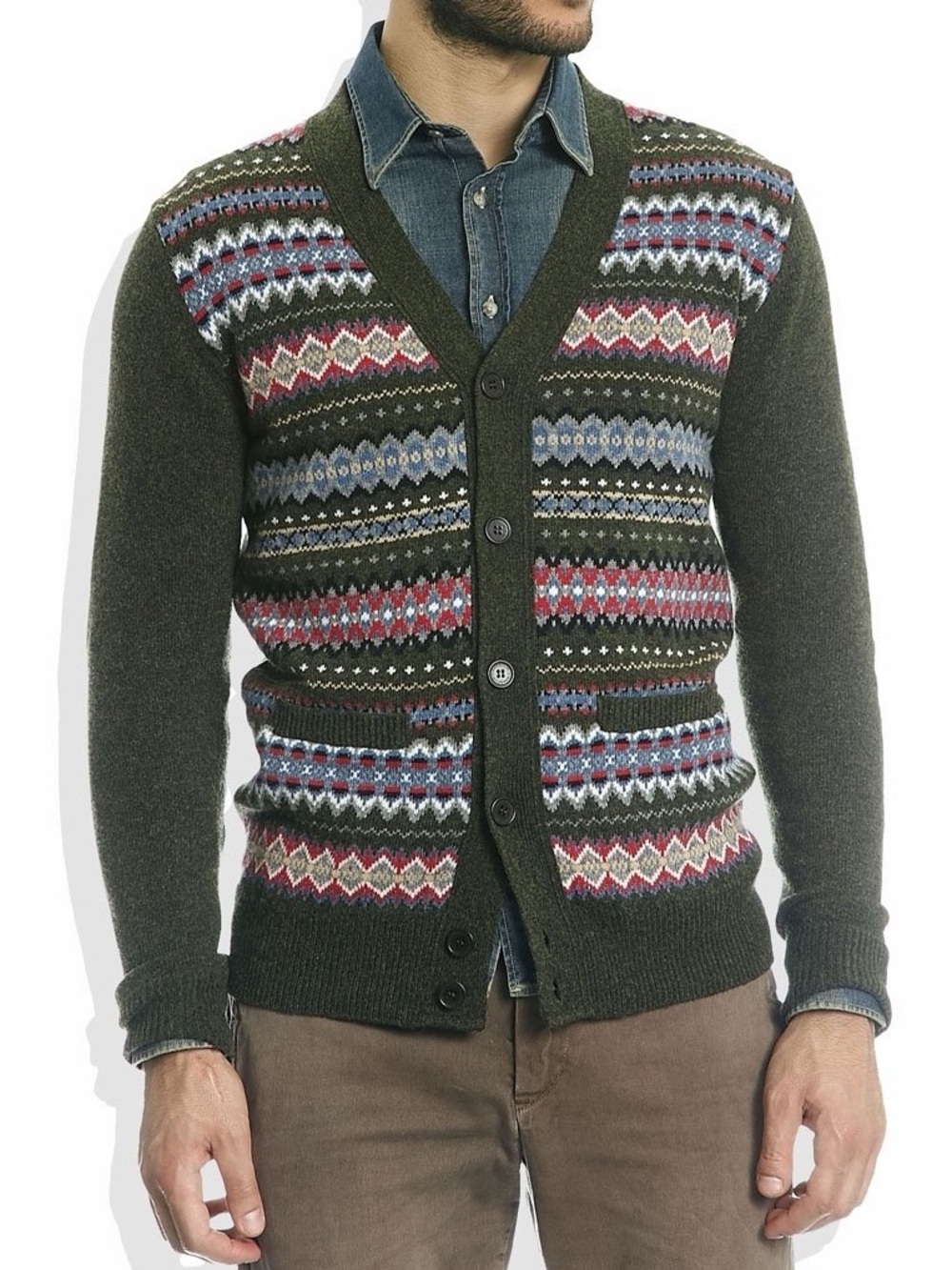 Barbour Olive Fair Isle Knit Button-Front Cardigan. 100% merino wool.